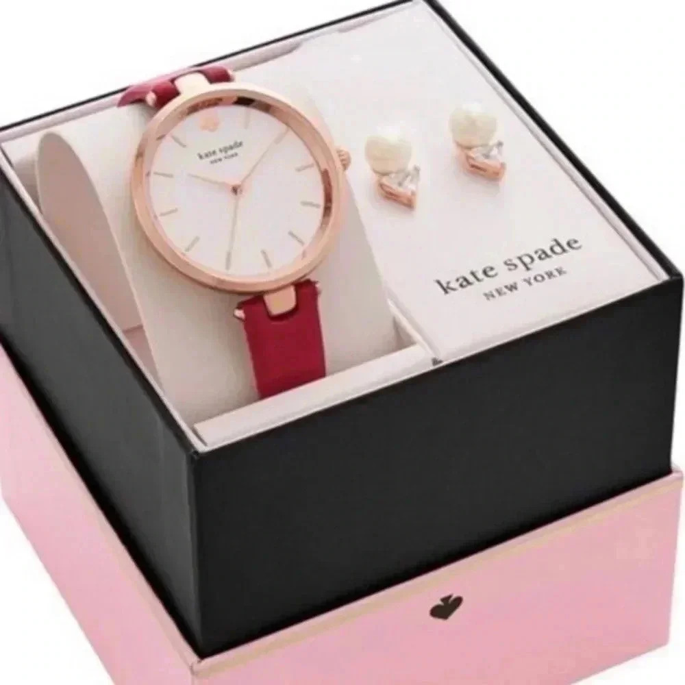 KATE SPADE Rose Gold Leather Strap Water Resistance Watch Pearl Earrings Set NWT